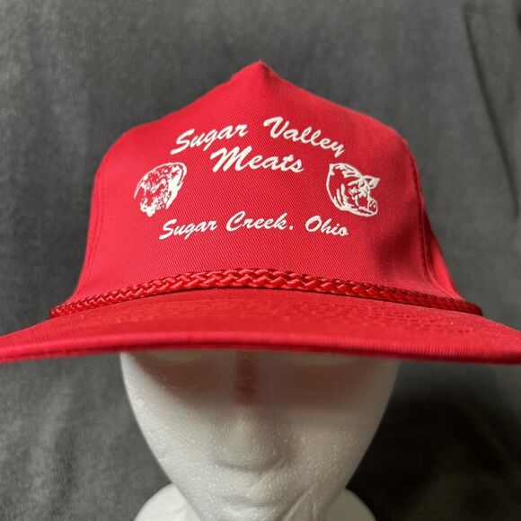 Vintage SnapBack Hat Sugar Valley Meats Butcher Red Adjustable Cap - Picture 1 of 8